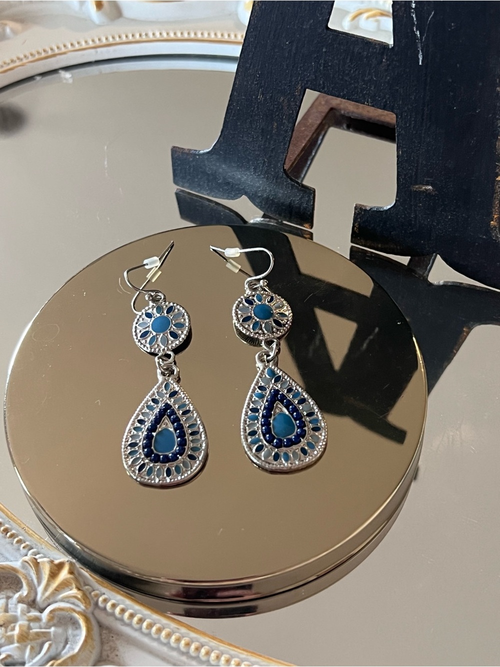 Blue Enamel Teardrop Dangle Earrings - Picture 2 of 3